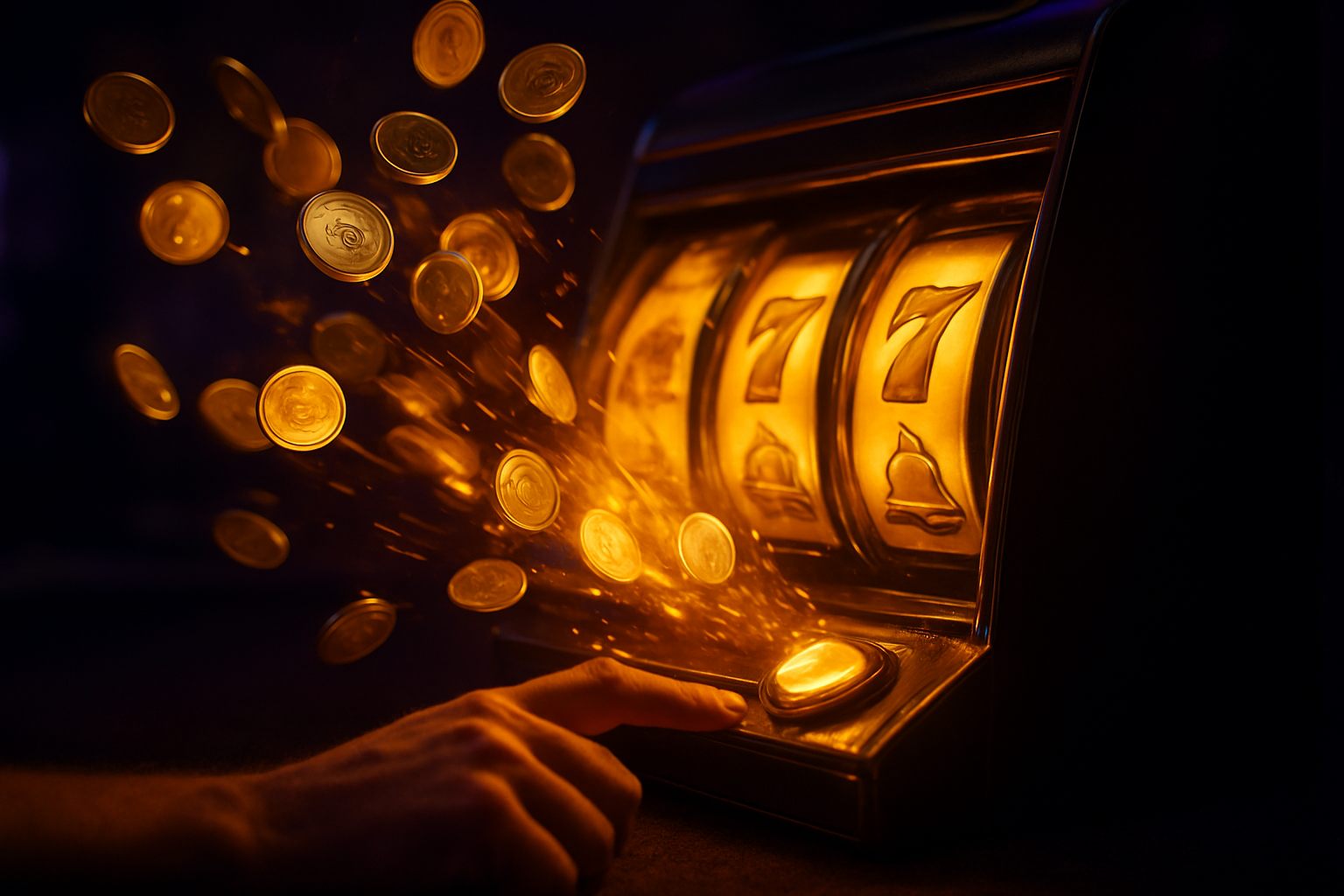 Bizzo Casino Australia welcome bonus - gold coins streaming from glowing spinning pokies reels on a dark purple table