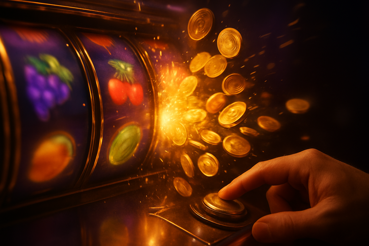 Bizzo Casino Australia free spins spinning across glowing pokie reels with gold coins in motion