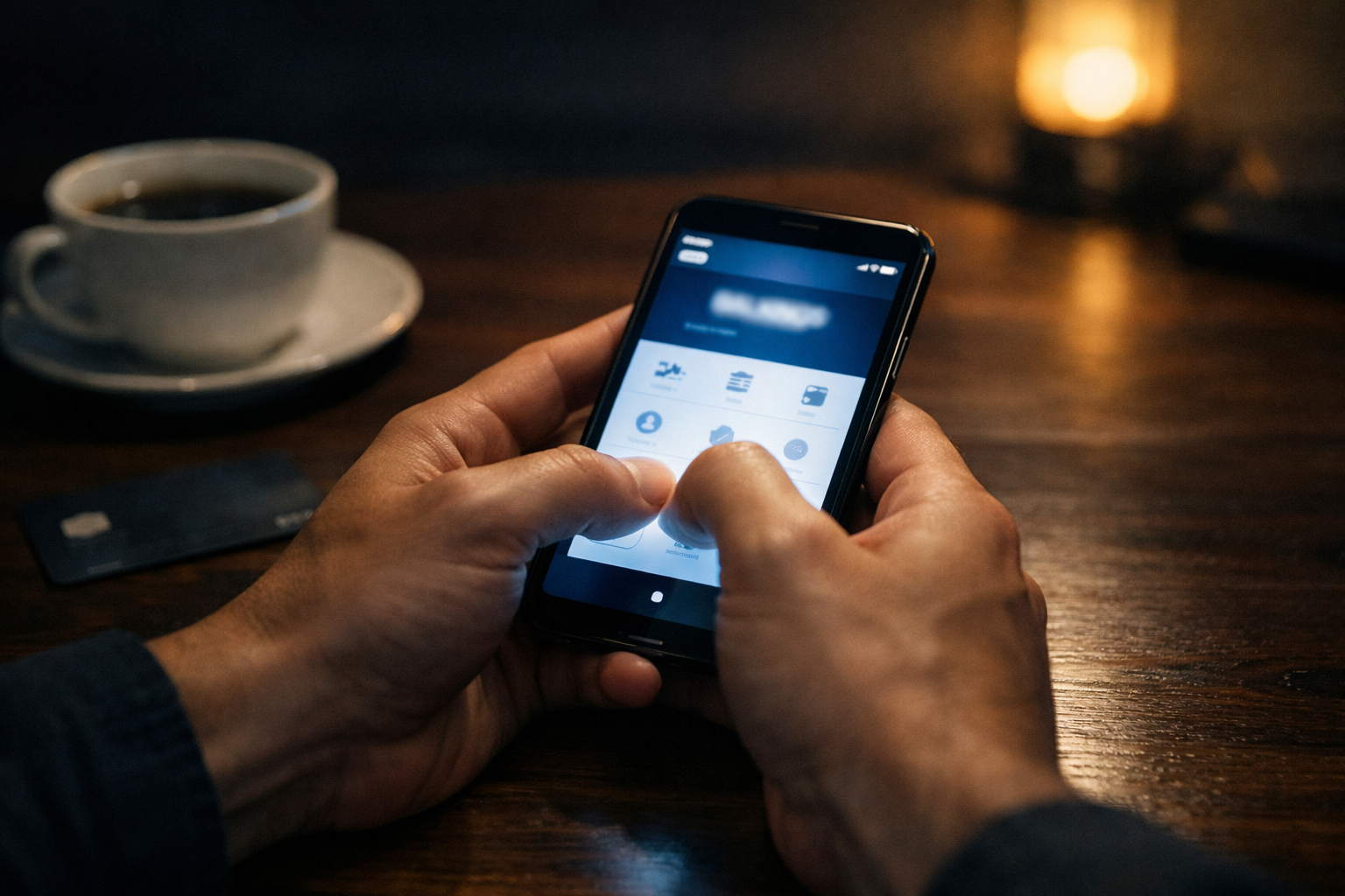 Hands using a smartphone banking app at a dark desk, representing fast verified AUD withdrawals and PayID banking at Bizzo Casino Australia