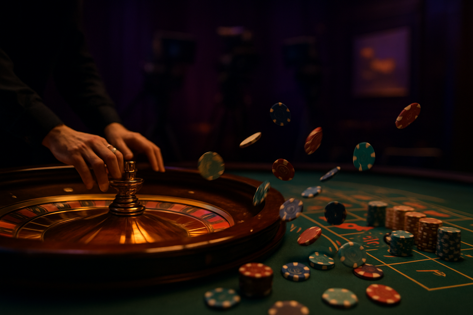 Live dealer spinning a roulette wheel at Bizzo Casino Australia, chips mid-throw on a felt table