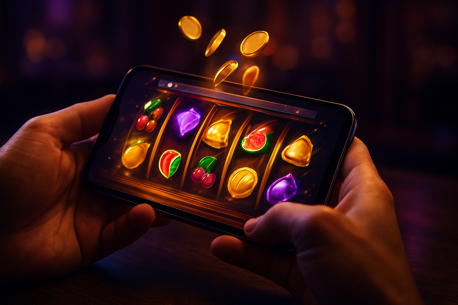 Hands tilting a smartphone with glowing spinning pokie reels, Bizzo Casino mobile browser play in Australia