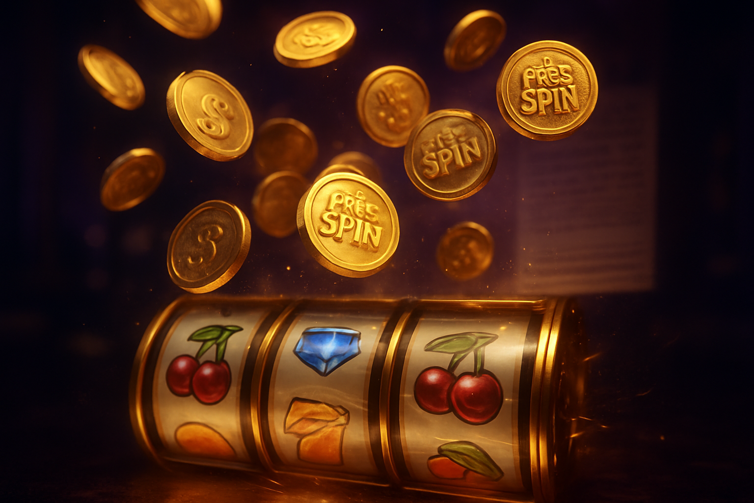 Golden coins and free-spin tokens streaming onto glowing spinning pokies reels at Bizzo Casino Australia no deposit bonus