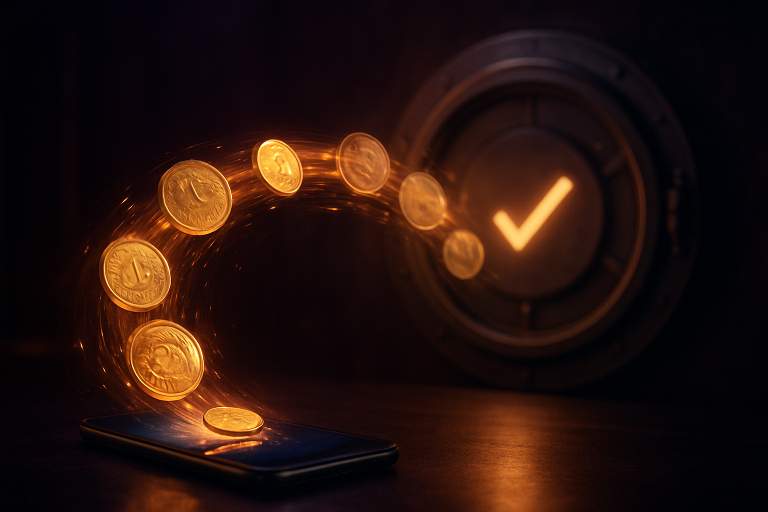 Bizzo Casino Australia payments scene: AUD coins and crypto tokens streaming from a phone into a secure verified vault