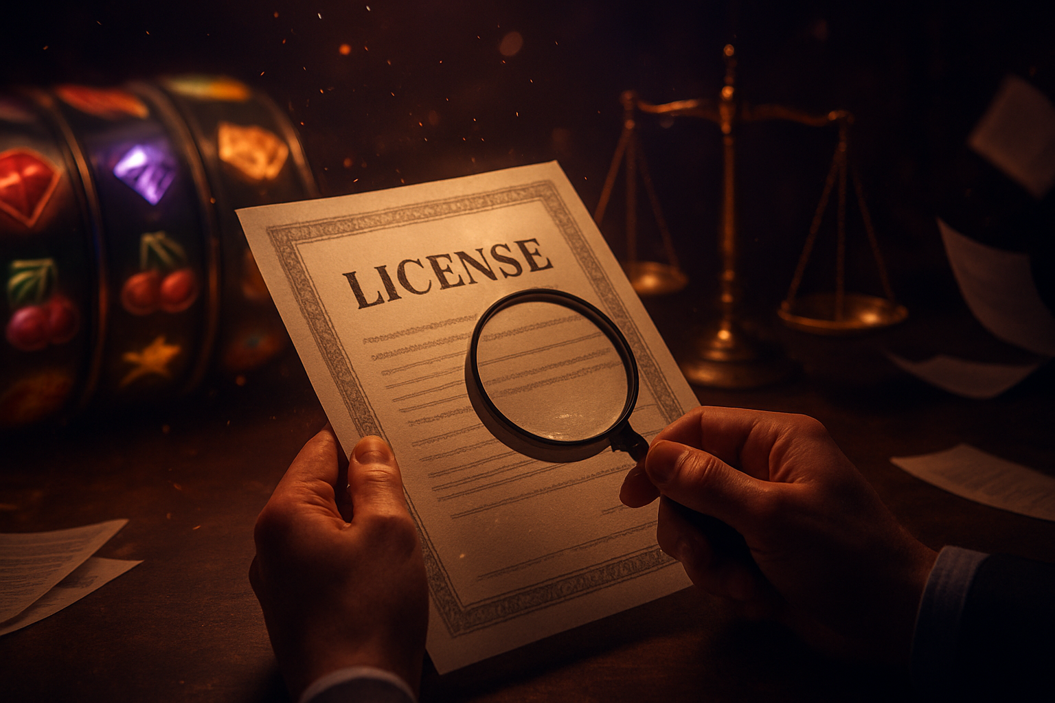 Bizzo Casino Australia review scene: hands auditing a glowing licence certificate beside spinning fair RNG pokie reels